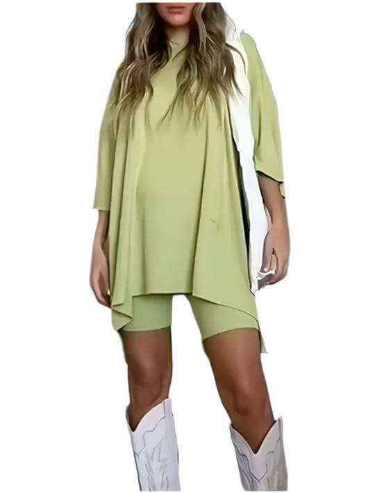 Women's fashion solid color loose t-shirt and tight shorts set.