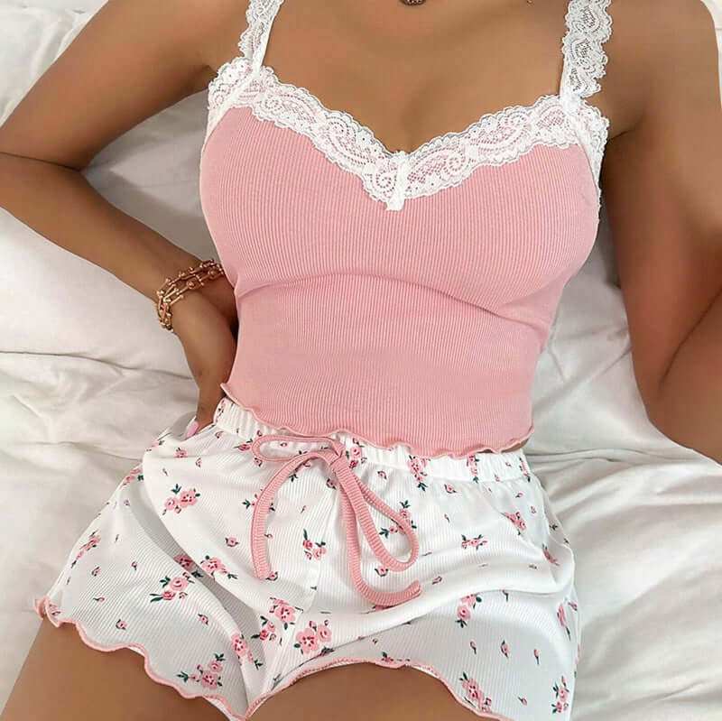 Ladies' Homewear Lace Suspender Shorts SuitElevate your loungewear with our Ladies' Homewear Lace Suspender Shorts Suit! Available in pink, khaki, blue, and wine red, this medium thickness suit is perfect for2 piece setPlush Fashions ShopPlush Fashion Shop