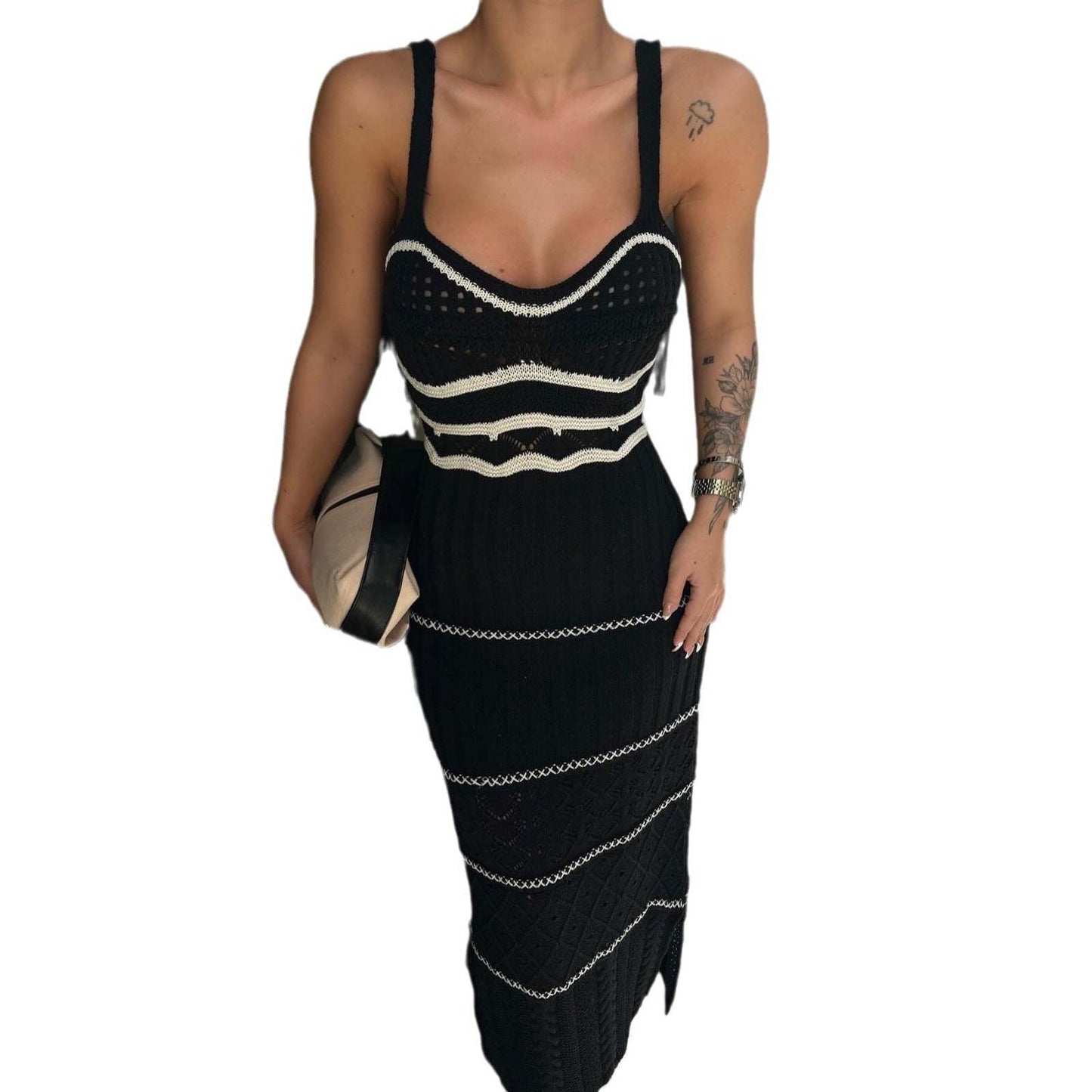 Women's Knitted Contrast Color Sling Dress Hollow OutElevate your summer wardrobe with our Women's Knitted Contrast Color Sling Dress. Embrace the high waist and hand-woven craftsmanship of this single piece dress. ItsDressPlush Fashions ShopPlush Fashion Shop