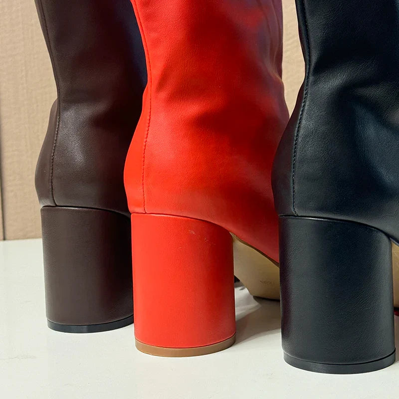 2025 Chunky High Heel  Women Boots Winter Short Ankle Boots Slip-On Designer High Boots Real Leather.