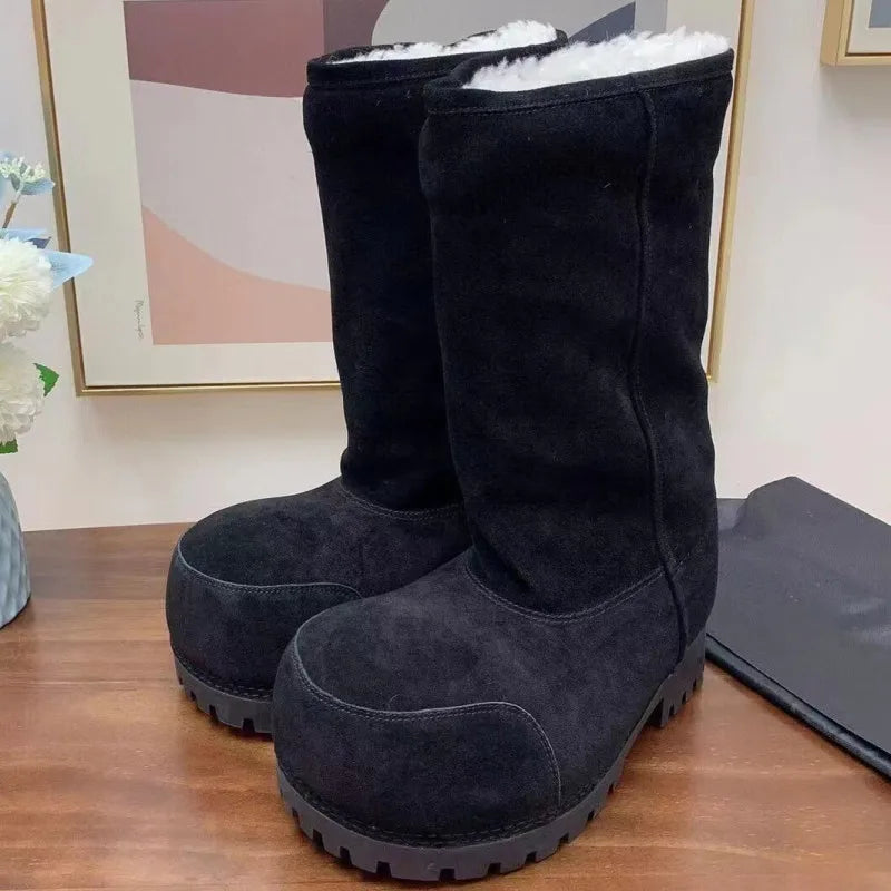 Women’s long tube snow boots with faux wool lining and wedge heel.