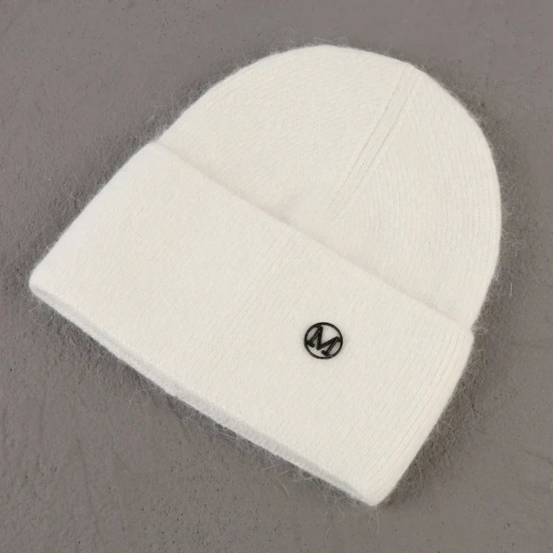 Women solid color fur knitted bonnet, warm ski beanie.