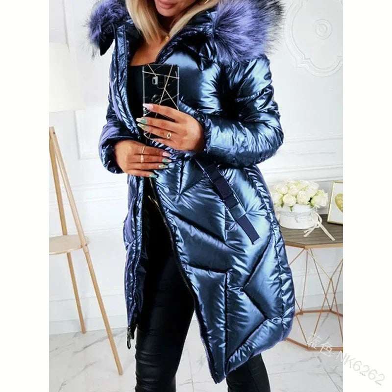 Ladies Mid-Length Zipper Trendi Glossy Parkas Outwear Big Fur Collar Slim Fit Thermal  Coat - Plush Fashion Shop #