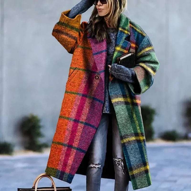 2024 New Women's Tweed Contrast Color Plaid Loose Fit  Winter Fashion Casual Trench Coat - Plush Fashion Shop #