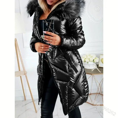 Mid-Length Overcoats Parkas Clothing Zipper Trend Glossy Parkas Outwear Women Big Fur Collar Slim Fit Thermal Fall Winter Coat.