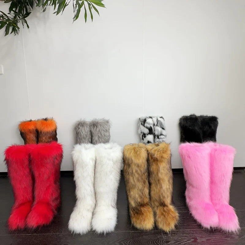 Women's Knee High Fuzzy Fur Boots - Soft, Warm, and Comfortable Slip-on Design Boots - Plush Fashion Shop #