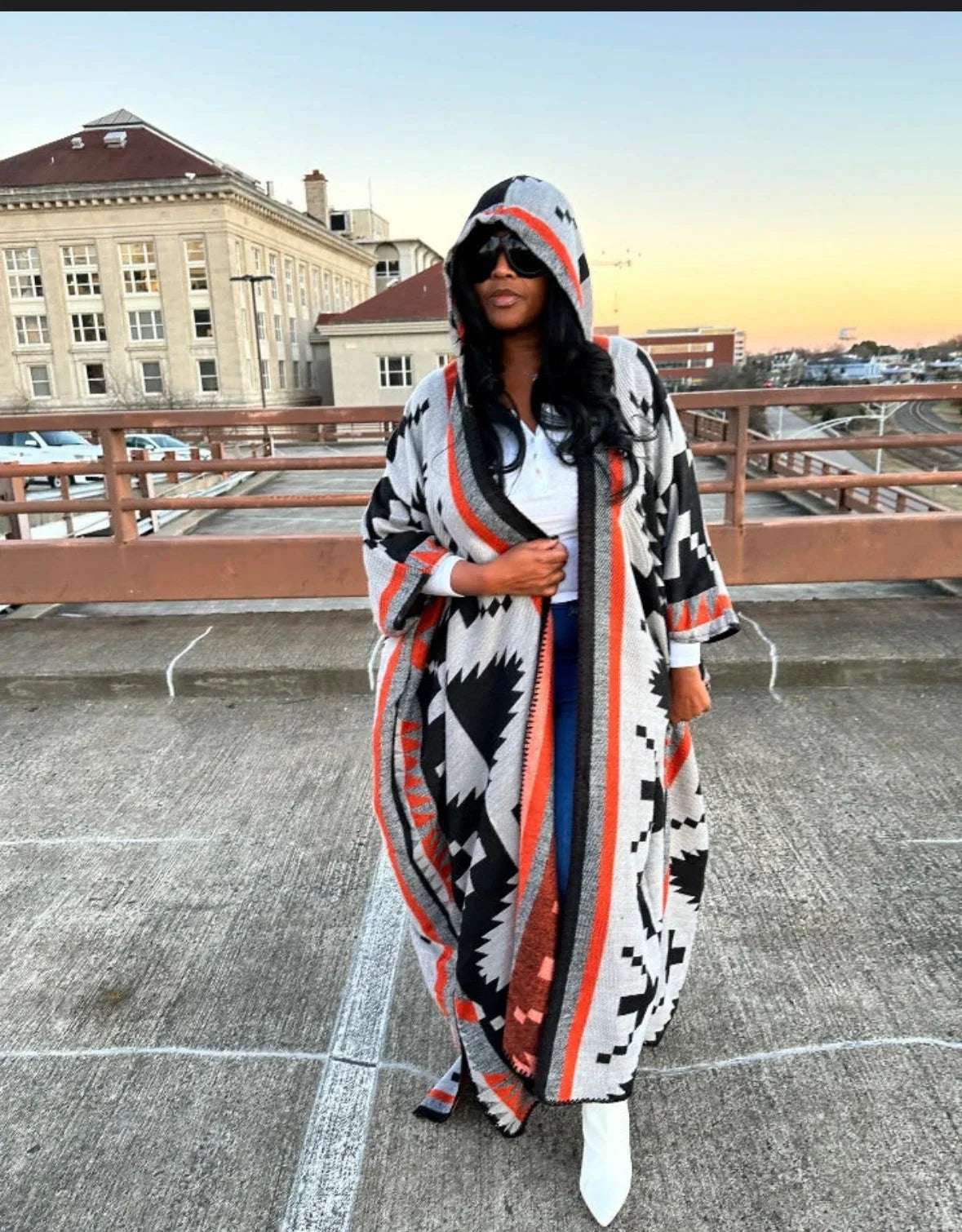 Women's New Stylish Printed Long Warm  Plus Size Blogger Rich Lady Loose Open Front Kimonos With Caps - Plush Fashion Shop #