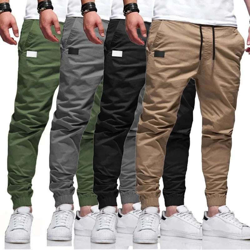 Men Cargo Long Solid Straight  Lace Up Elastic Waist Slim Fit Casual Drawstring Pants - Plush Fashion Shop #