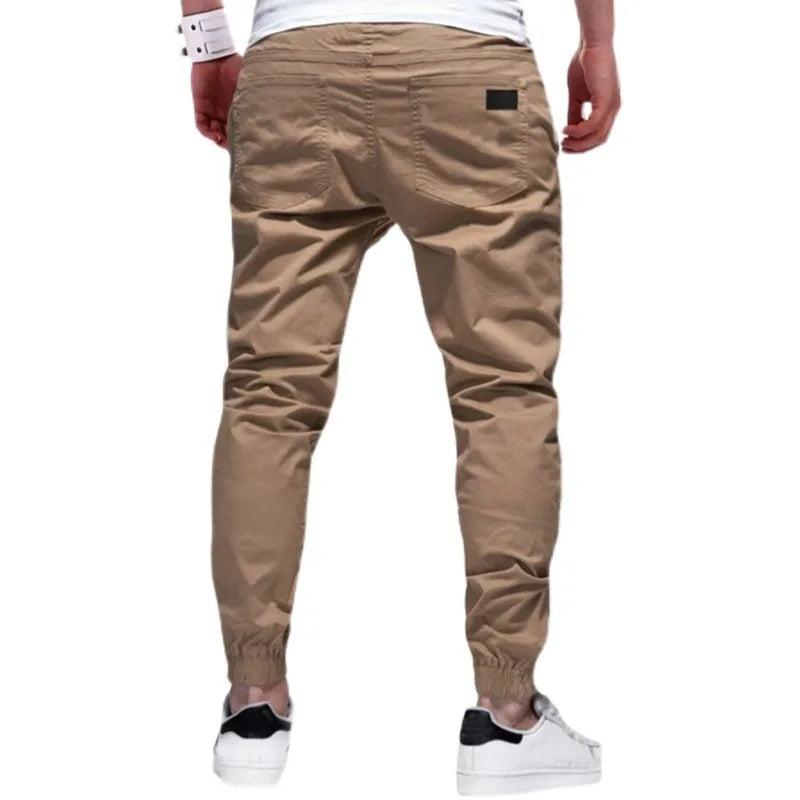 Men Cargo Long Solid Straight  Lace Up Elastic Waist Slim Fit Casual Drawstring Pants - Plush Fashion Shop #