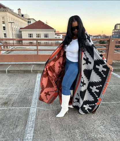 Women's New Stylish Printed Long Warm  Plus Size Blogger Rich Lady Loose Open Front Kimonos With Caps - Plush Fashion Shop #