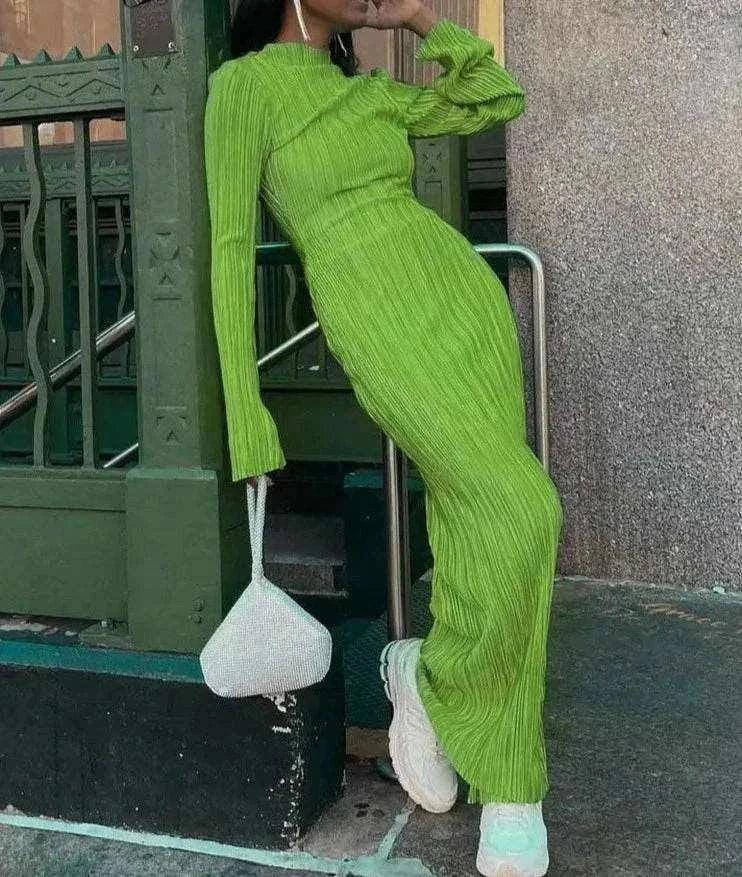 Dulzura Autumn Striped Ruched Ruffle Long Sleeve Bodycon Dress in green worn by model holding a white handbag.