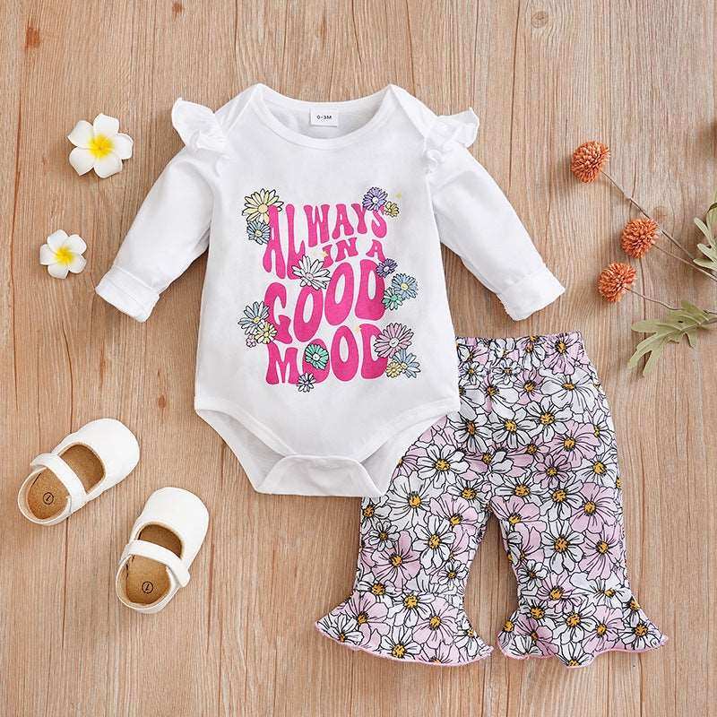 Baby overalls two-piece set with floral pants and "Always in a Good Mood" shirt.