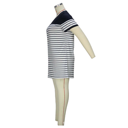 Simple Casual Style Classic Striped Regular Round Neck Short Sleeve OnProduct information: Fabric name: milk Silk Skirt type: One-Step skirt Color: Black and White Elasticity: Micro elasticity Main fabric composition: Polyester (polyesSkirtPlush Fashions ShopPlush Fashion Shop