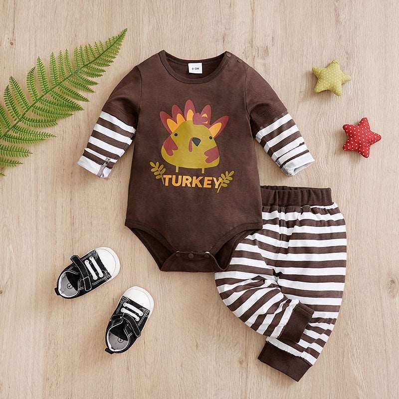 Children's baby overalls two-piece suit with turkey design and striped pants.