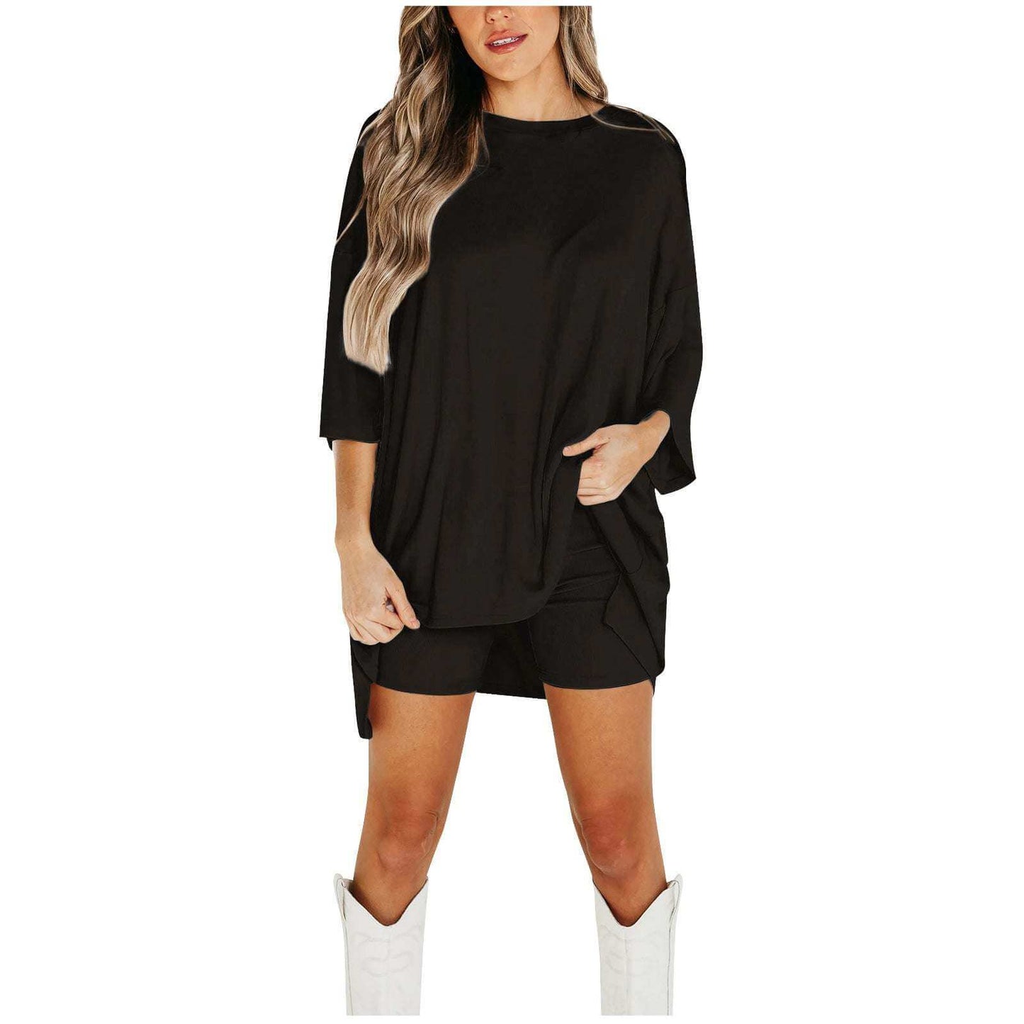 Women's solid color loose T-shirt and shorts set, viscose fiber, stylish and comfortable.