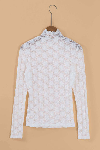 Mock Neck Long Sleeve Lace Top in white, semi-sheer, stretchy material, elegant design.