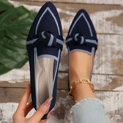 Bow Contrast Trim Point Toe Loafers in navy with decorative bow, women's flat shoes.