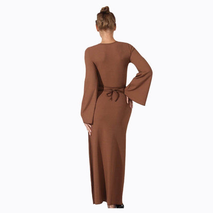 Women's fashion simple solid color dress in coffee shade, back view.