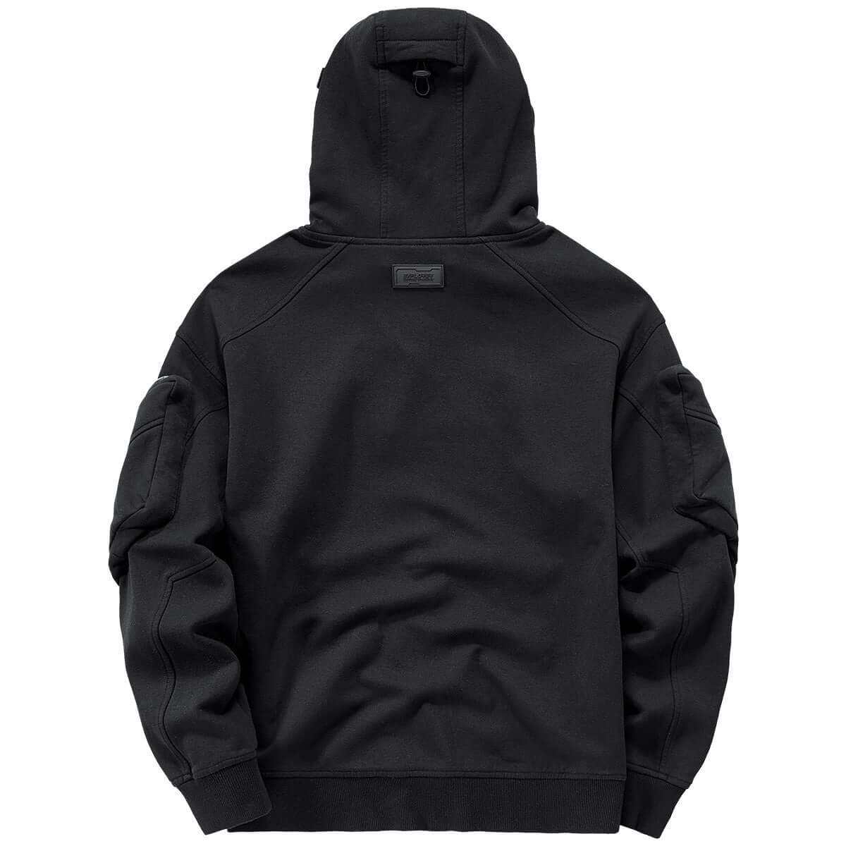 Men's Autumn Function Wind Mask Hoodie, black, back view, loose fit, multi-pocket design.