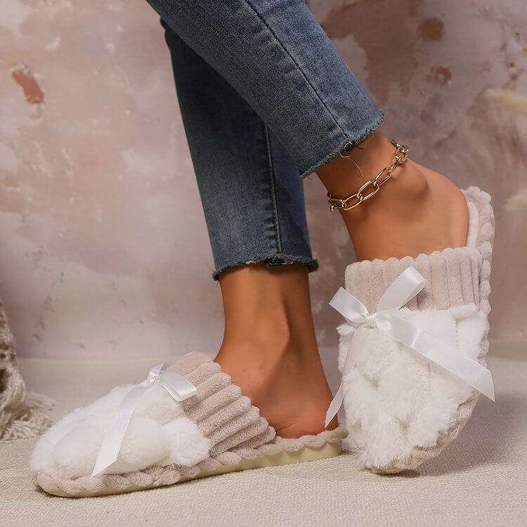 Bow Trim Contrast Slippers with white bow and cozy design.