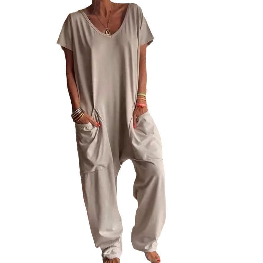 Womens Solid Color V-neck Oversized Pocket Jumpsuit - Plush Fashions Shop 