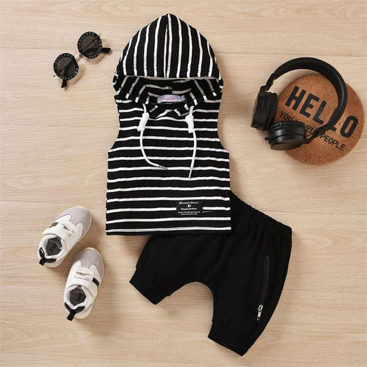 Boys' hooded striped tank top pants set with accessories on display.