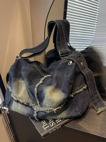 Raw Hem Gradient Crossbody Bag for women, large denim with frayed edges, trendy and spacious design.