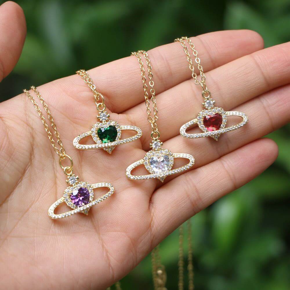 Ladies fashion zircon love necklace with colorful pendants and geometric design.