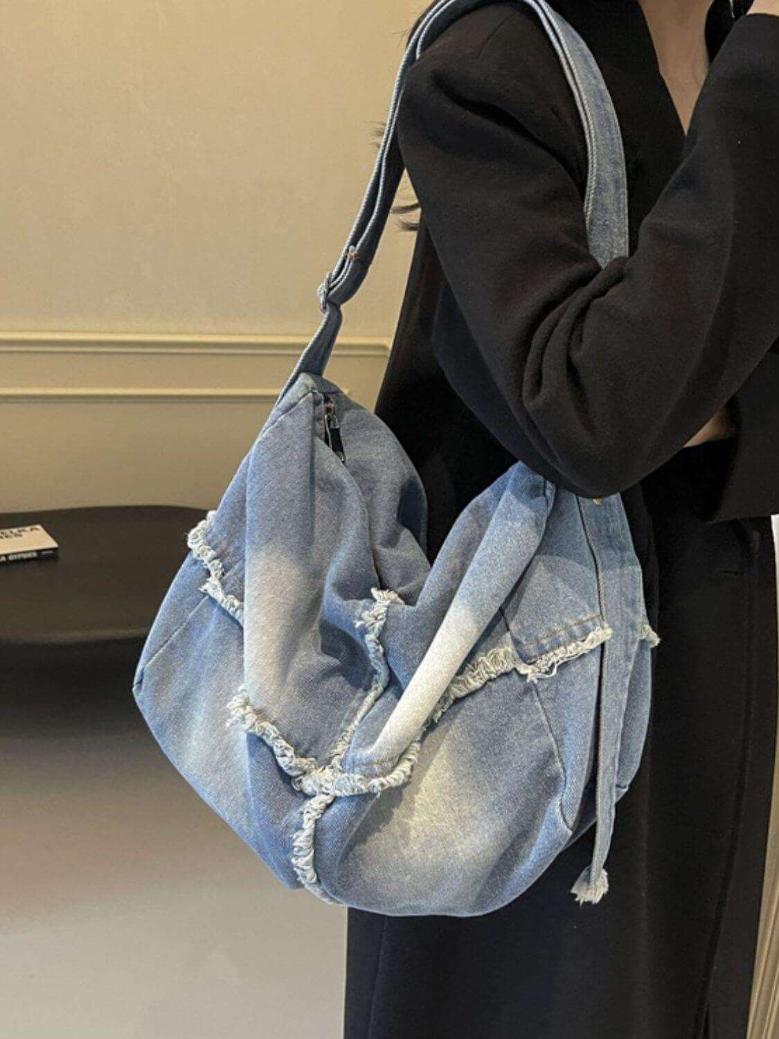 Raw Hem Gradient Crossbody Bag, denim, large, trendy, spacious, women's accessory.