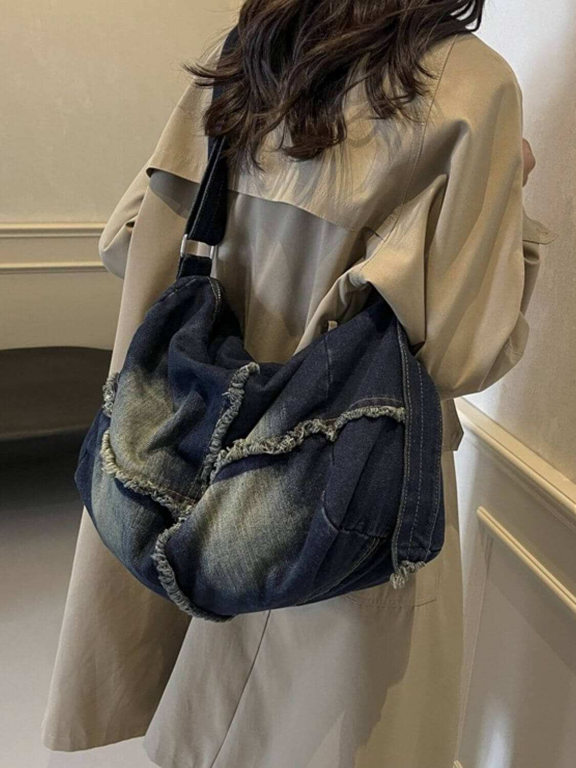 Raw Hem Gradient Crossbody Bag for women made from high-quality denim.