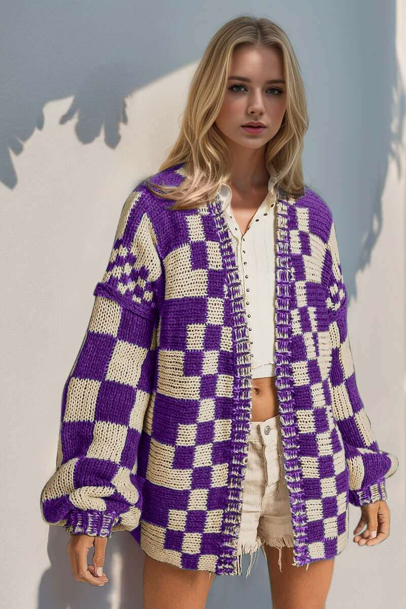 Full size open front checkered drop shoulder cardigan with purple and white pattern.