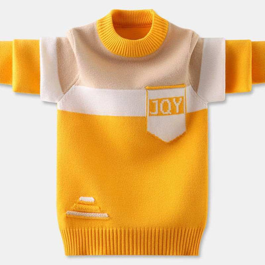 Boys' Bottoming Version of the Tide shirt in yellow and beige with "JOY" pocket design.