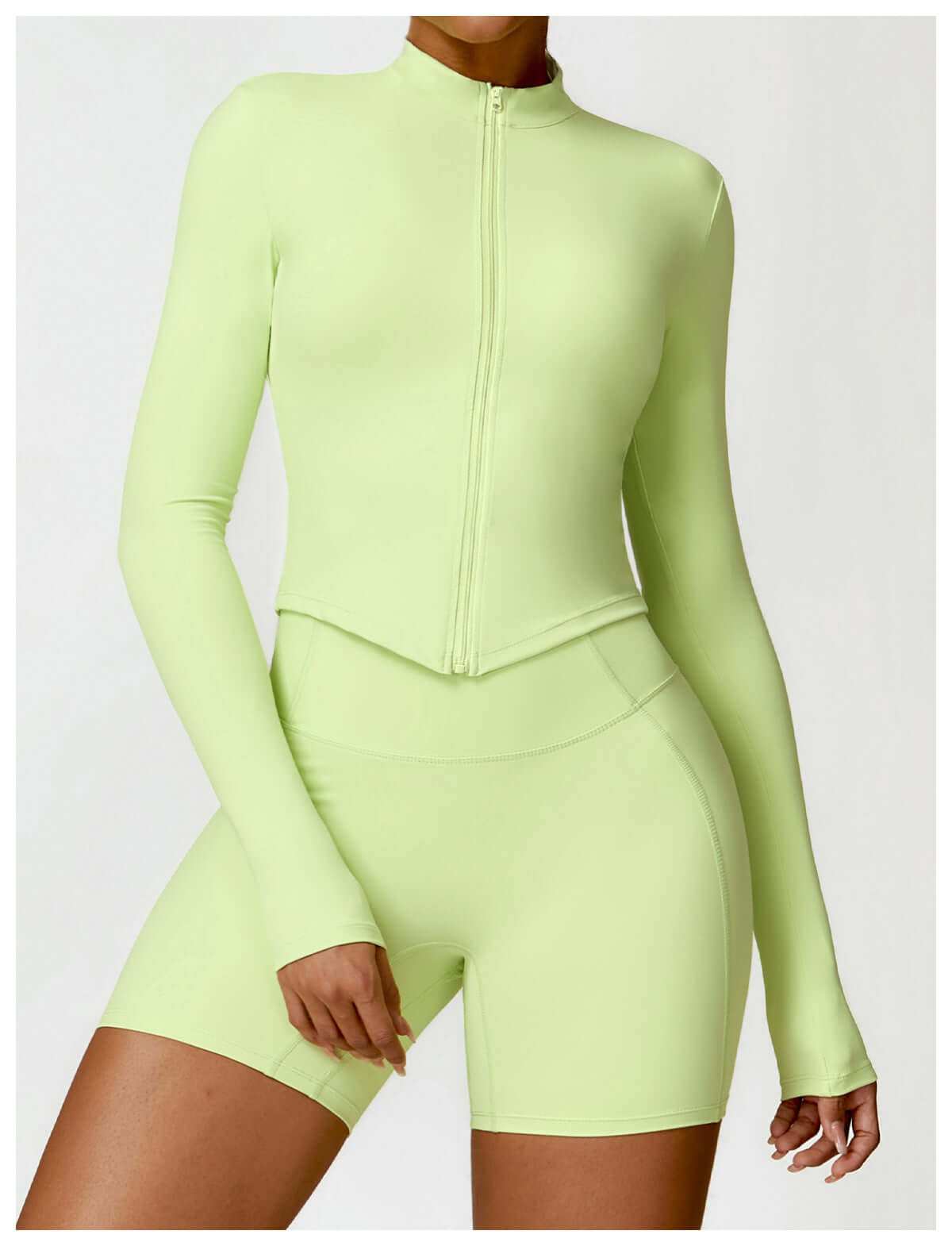 Women's tight long sleeve yoga wear in chartreuse color, high-quality Nylon fabric, comfortable and supportive for workouts.