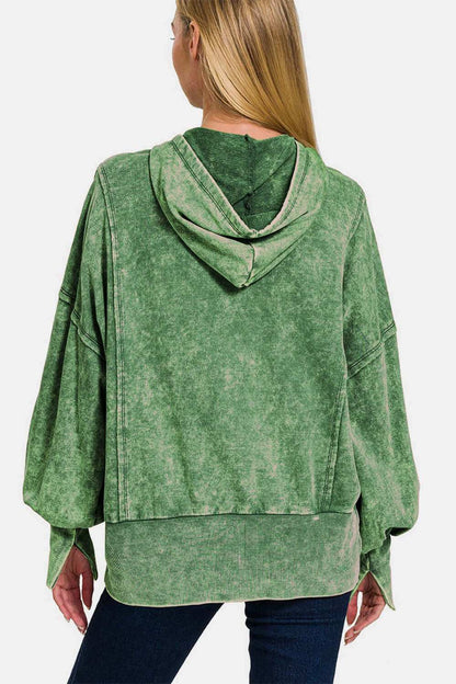 Zenana Acid Washed French Terry Zip-Up Hoodie with Pockets in green.