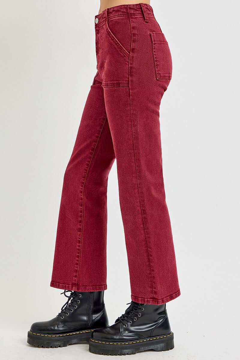 RISEN Full Size High Rise Straight Jeans with Patch Pockets in Red