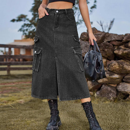 Women's denim cargo casual skirt with pockets, stylish streetwear fashion in various colors.