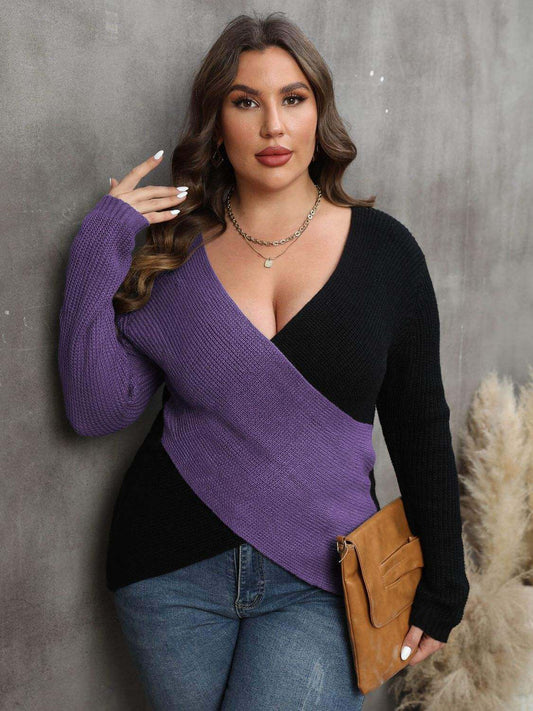 Plus Size Two-Tone Surplice Neck SweaterElevate your wardrobe with our Plus Size Two-Tone Surplice Neck Sweater! This sweater features a basic style with a touch of stretch for a comfortable fit. Made of 1SweaterTrendsiPlush Fashion Shop-Tone Surplice Neck Sweater