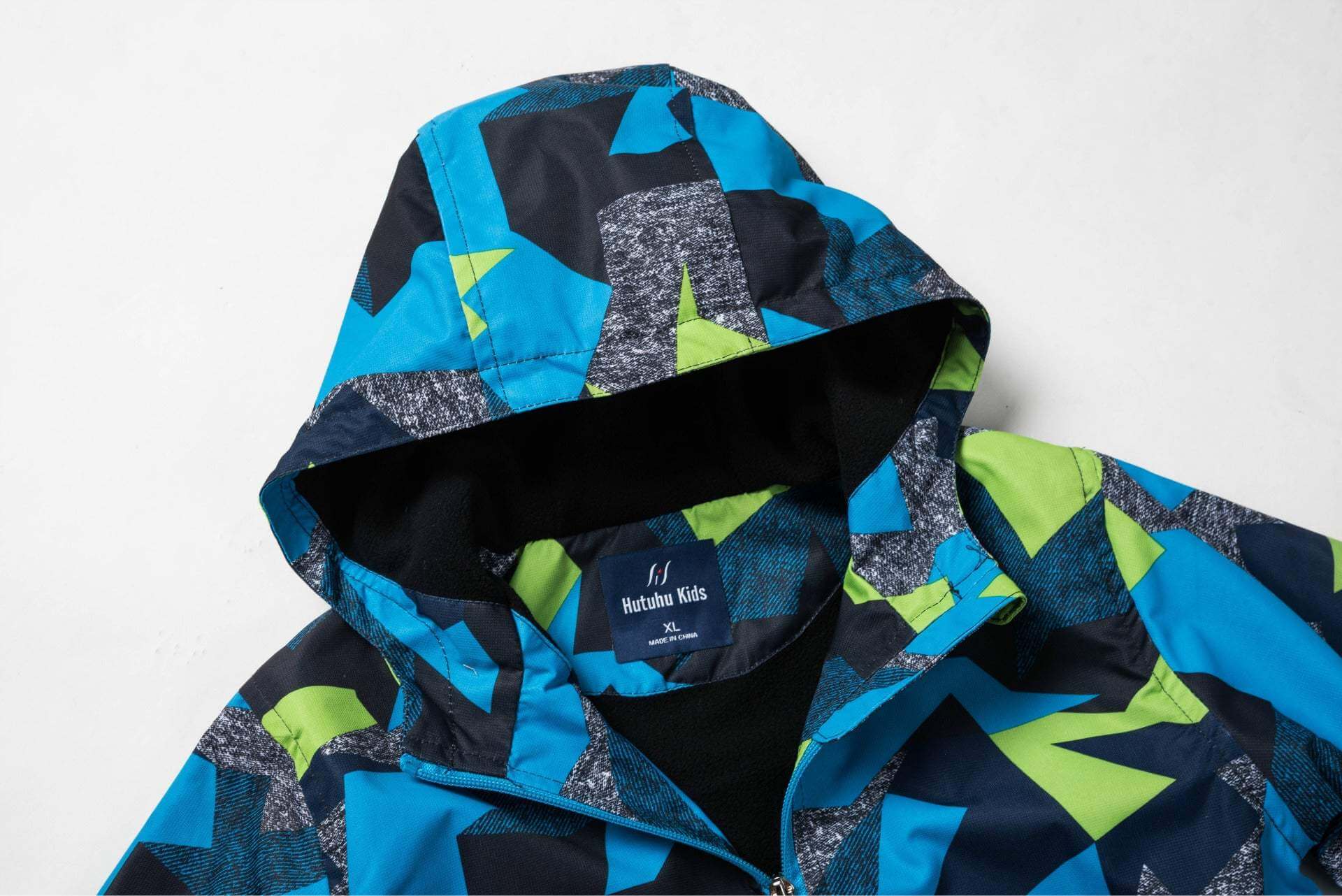 Boys' Fashion Casual Padded Windproof Jacket in blue and green camouflage pattern with hood.