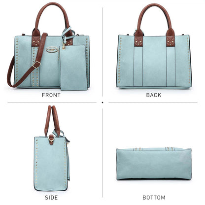 Professional women's 3-piece handbag set with tote, shoulder bag, and clutch in elegant design.