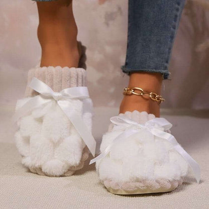 Bow Trim Contrast Slippers with cozy white fabric and bow detail.