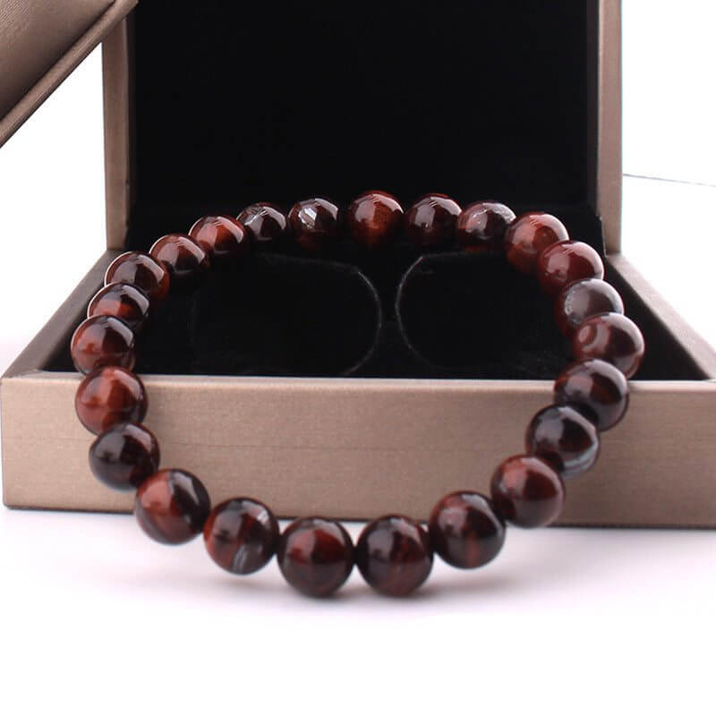 Vintage style 8mm red tiger eye bracelet in gift box, unisex accessory.