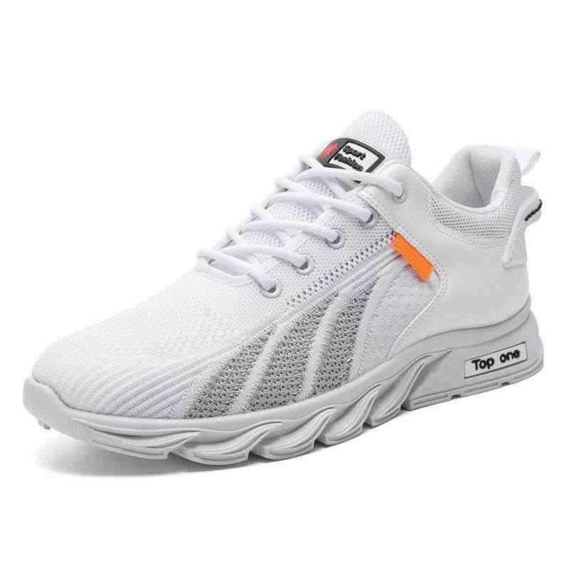 Men's mesh shoes, white color-block design, lace-up sneakers, lightweight and breathable sports footwear.