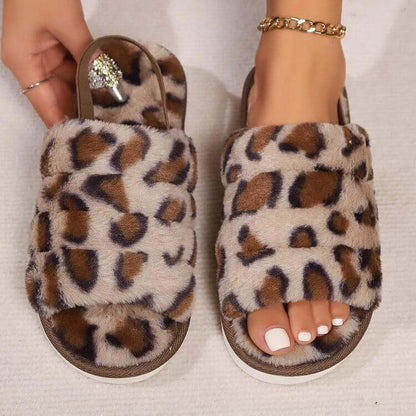 Leopard Open Toe Slippers with plush design on a white background.