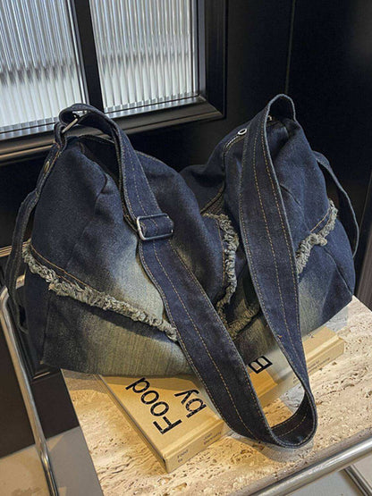 Raw Hem Gradient Crossbody Bag for women in high-quality denim with a spacious interior.