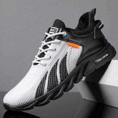 Men's mesh shoes, lightweight breathable sneakers, color-block design with lace-up closure.