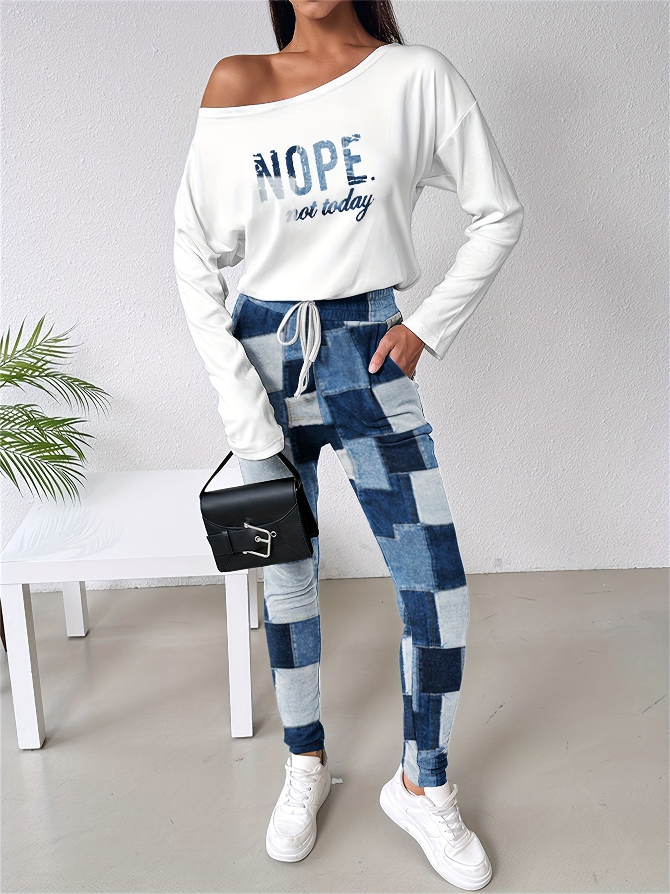 Women's 2 Piece Nope Not Today Print Skew Neck Long Sleeve Pullover Top with Stretchy Waist Long Pants Outfit - Plush Fashion Shop