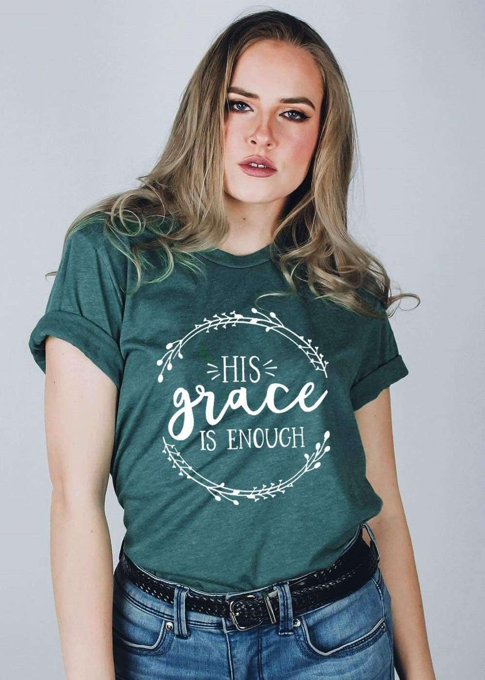 Women's His Grace Is Enough Short Sleeve Casual Tee ShirtStay comfortable and stylish in the Women's His Grace Is Enough Tee. With a classic design and inspiring message, this soft and breathable tee is perfect for everydaT shirtsPlush Fashions ShopPlush Fashion ShopShort Sleeve Casual Tee Shirt